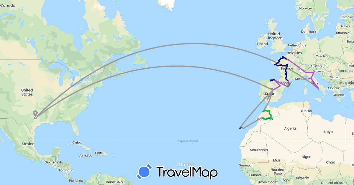 TravelMap itinerary: driving, bus, plane, train, boat in Spain, France, Italy, Morocco, United States (Africa, Europe, North America)