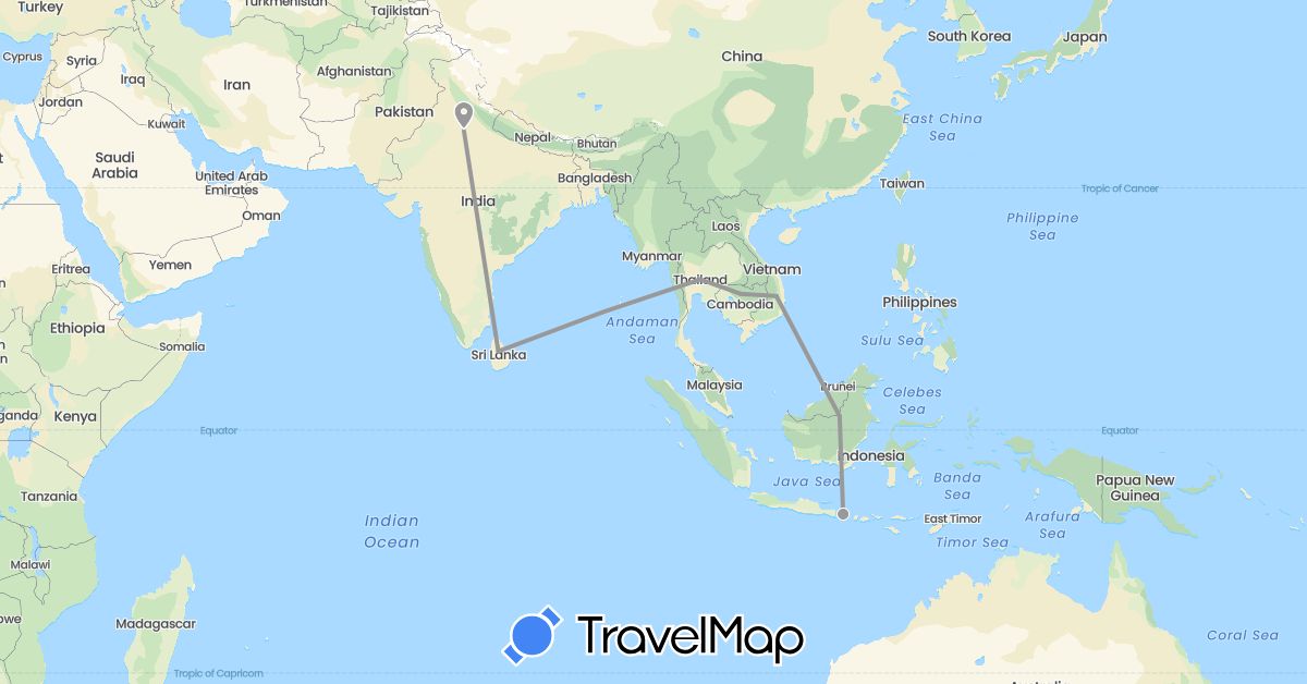 TravelMap itinerary: driving, plane in Indonesia, India, Cambodia, Sri Lanka, Thailand, Vietnam (Asia)